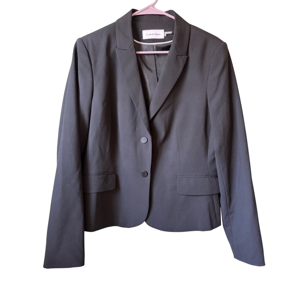 Calvin Klein Womens Black Two Button Blazer Career Suit Jacket Size 14